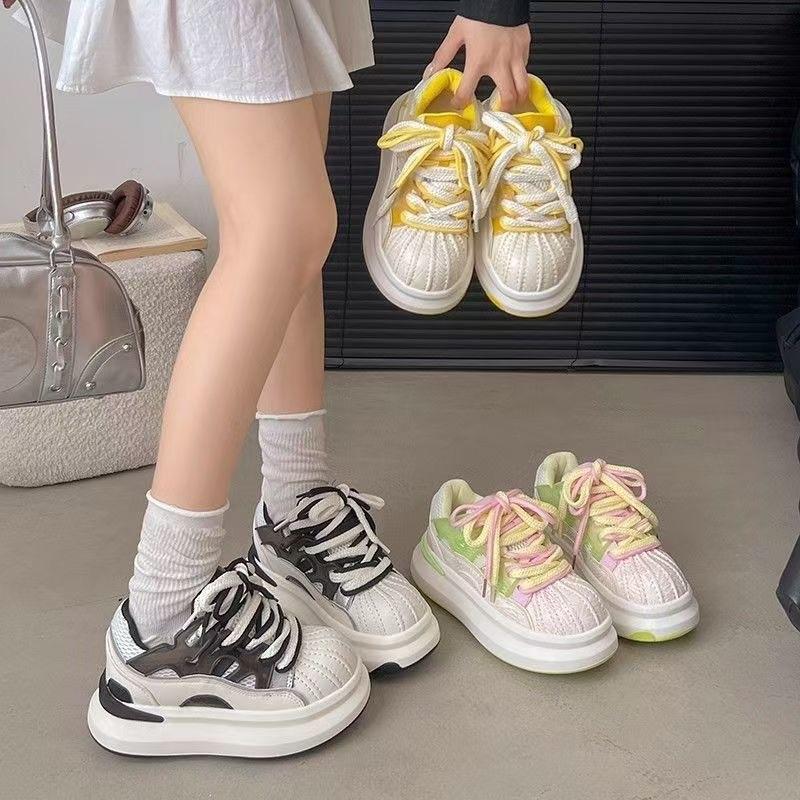 Autumn Women's Chunky Sneakers Breathable Mesh Casual Shoes Lace-Up Thick Sole Platform Shoes For Daily Wear