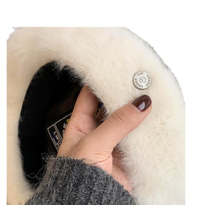 Korean Version Ins Rabbit Fur Beret Female Autumn And Winter Solid Color Versatile Metal Bud Painter Hat Showing Face Small Octagonal Hat