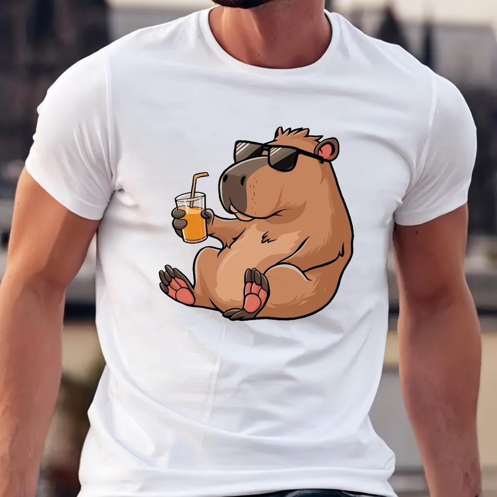Capybara Drinking Juice Graphic Tee Men Casual Cotton Round Neck Short Sleeve TShirt Cool Summer