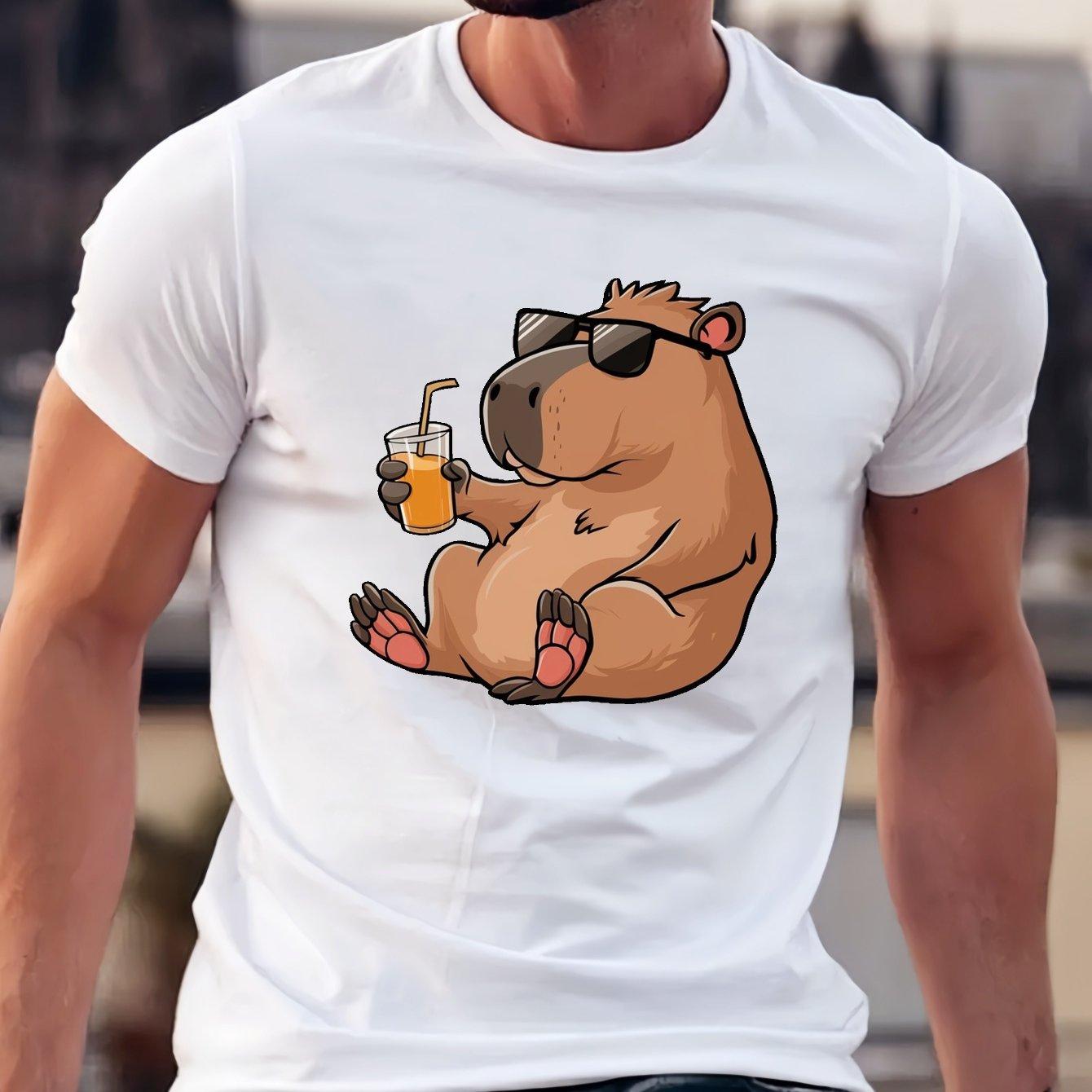 Capybara Drinking Juice Graphic Tee Men Casual Cotton Round Neck Short Sleeve TShirt Cool Summer S