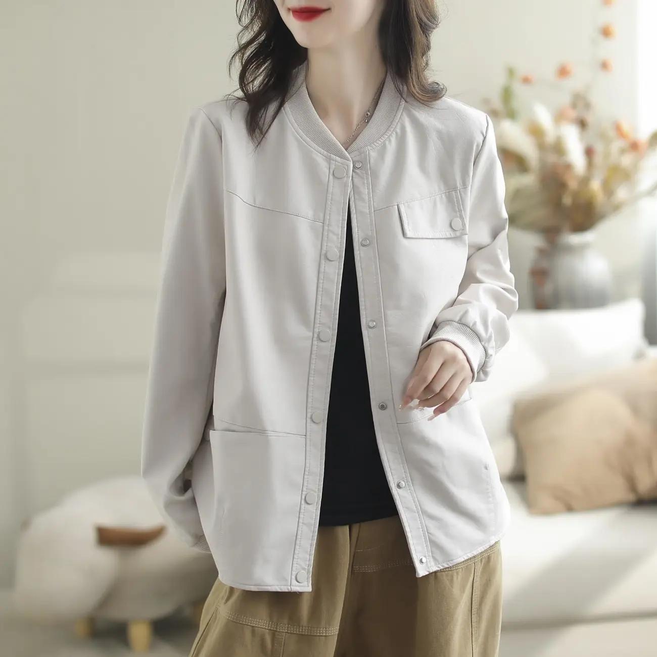 

Кожаная куртка женская осенняя одежда женская однотонная блузка сшитая модная повседневная женская куртка из искусственной кожи S бежевый