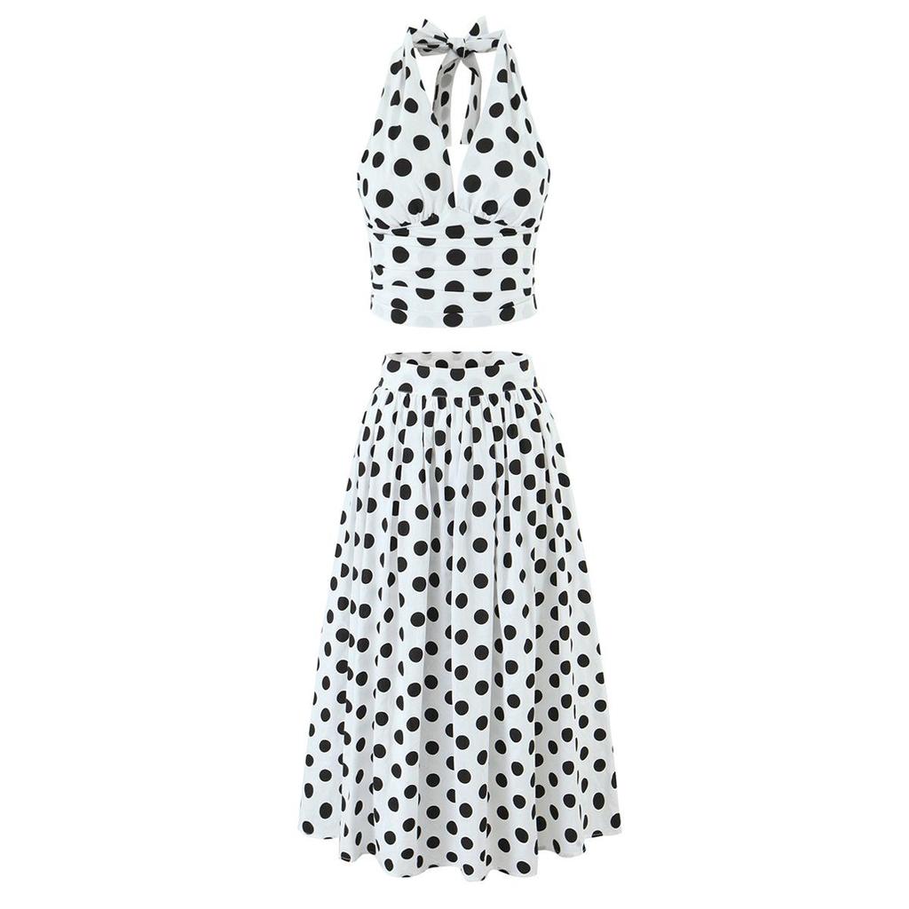 Women's 2025 Autumn/Winter Halter Polka Dot Backless Camisole & High-Waisted A-Line Skirt Set