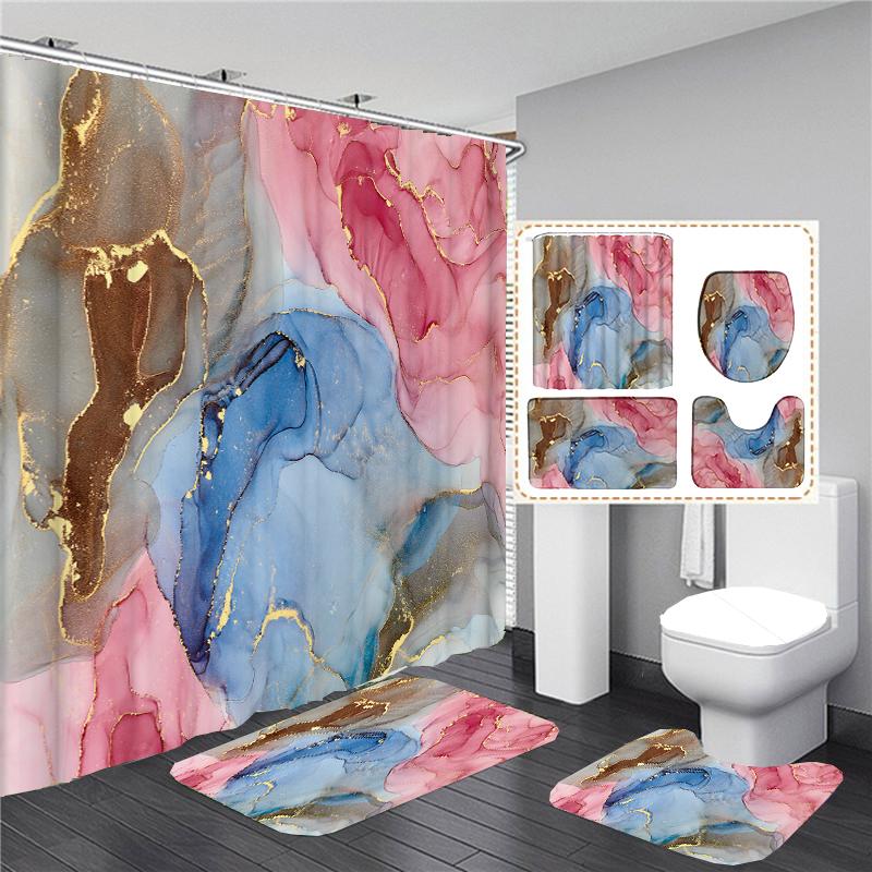 

Colorful Golden Abstract Marble Print 3D Shower Curtain Waterproof Bathroom Curtain Anti-Slip Bath Mat Set Toilet Rug Carpet W60H190(CM)-1 Pcs