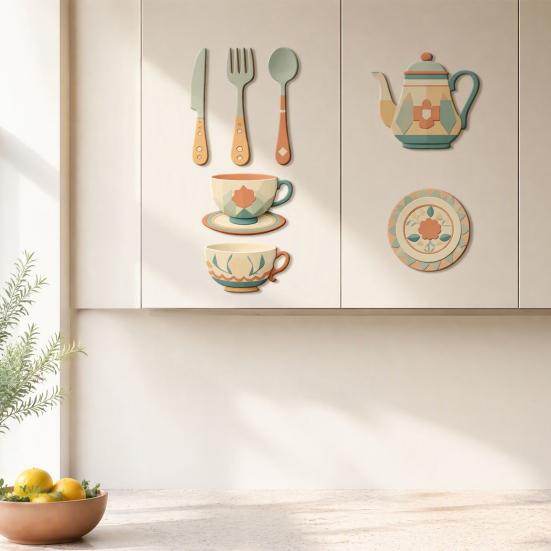 Vintage Tableware Pattern Stickers 7Pcs 2D Flat Kitchen Wooden Wall Decor, Retro Teapot Themed Peel Stick Dining Room Decor Art, Self?Adhesive
