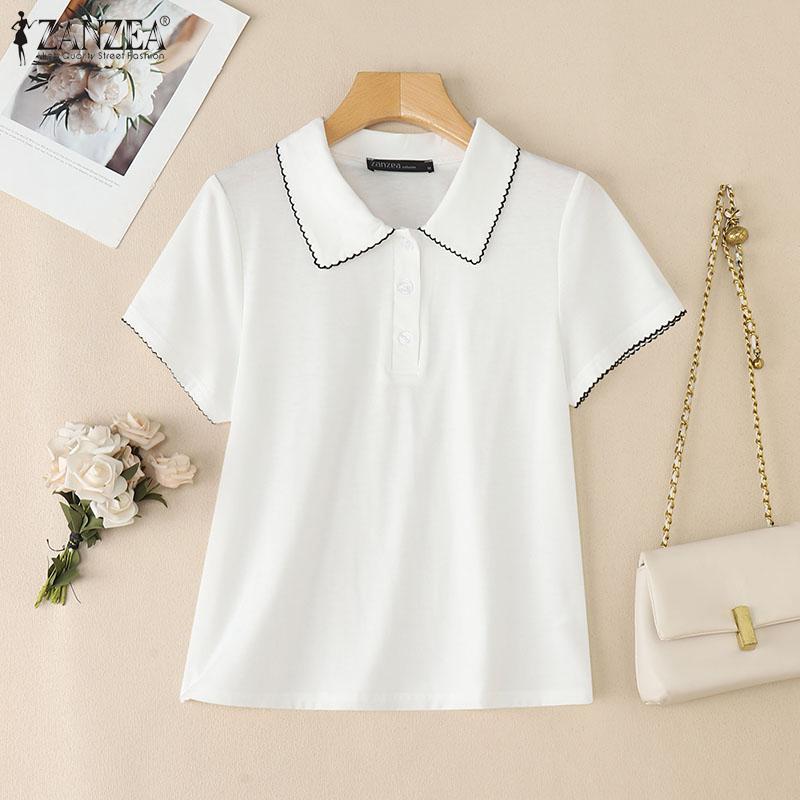 

ZANZEA Женская блузка с лацканами, коротким рукавом, отделкой волнистой линией по низу, повседневные топы S белый