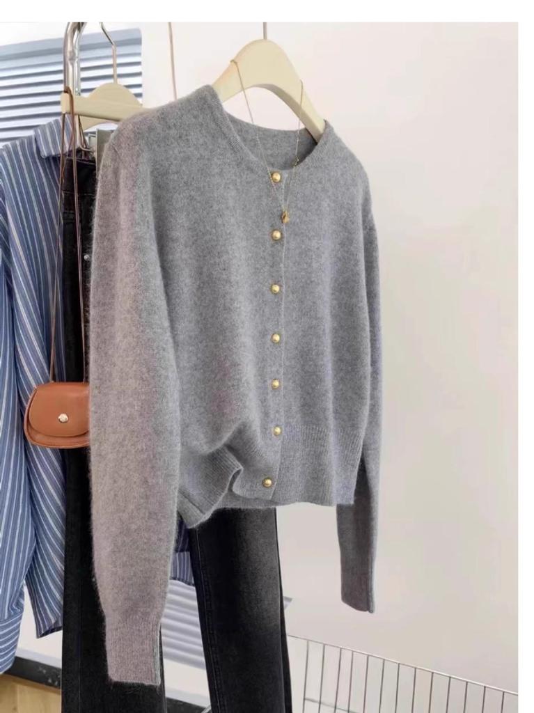 Women's 100% Pure Wool Cardigan, Round Neck, High Waist Slimming, Grey Knit Sweater Coat for Spring/Autumn 2025