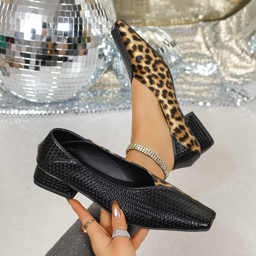 Dames Pumps met Middelhoge Hak Lente Herfst Lage Opening Dames Enkele Schoenen Vierkante Neus Luipaardprint Mode Comfortabele Dames Schoenen
