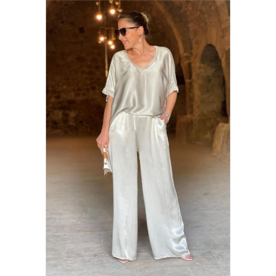 

Летний модный повседневный однотонный атласный женский костюм с v-образным вырезом, повседневный женский костюм с v-образным вырезом и короткими рукавами, большие размеры