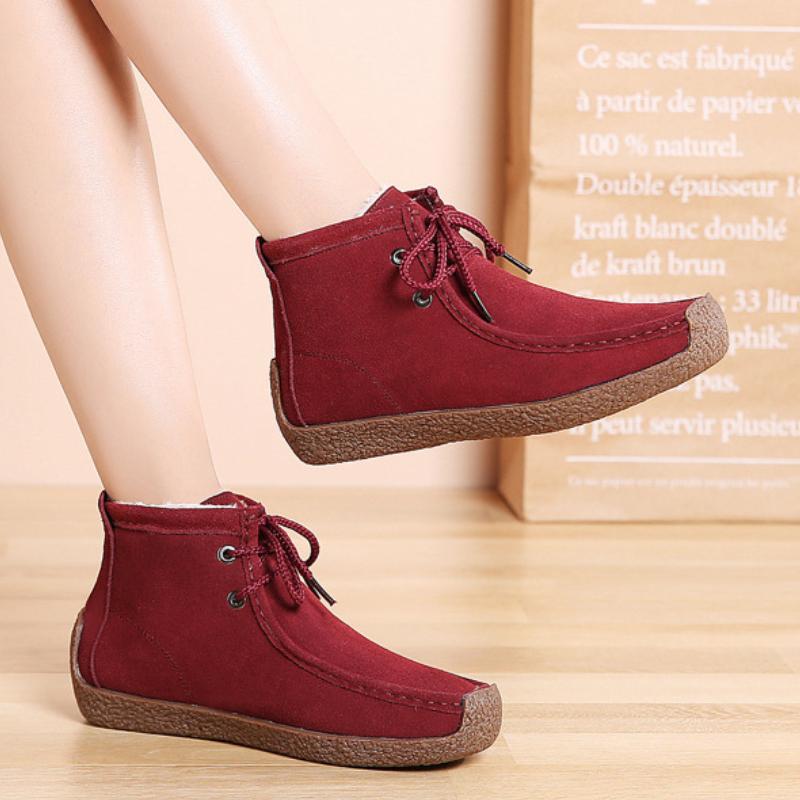 Plush Warm Women Short Boots Retro Cow Suede Flats Casual Walking Shoes Winter Snow Boots Soft-soled Mother Shoes
