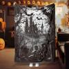 Gothic Halloween Flannel Blanket - Vintage Haunted House & Bats Design, Soft Grey-Black for Sofa/Bed Decor