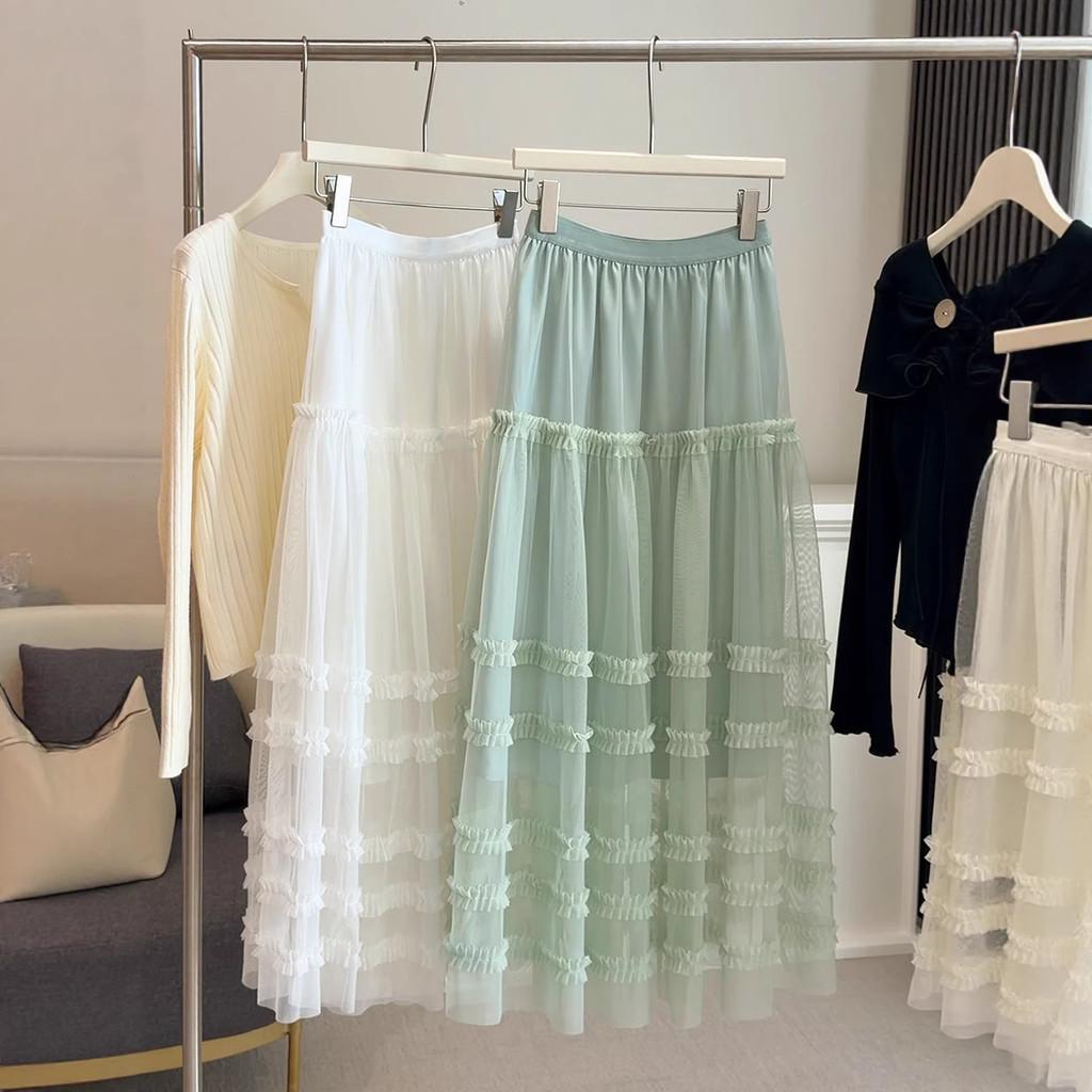 Qooth Lace Edge Fluffy  Layered Tulle Skirt Ankle-length with A Full Flared Silhouette QT2862