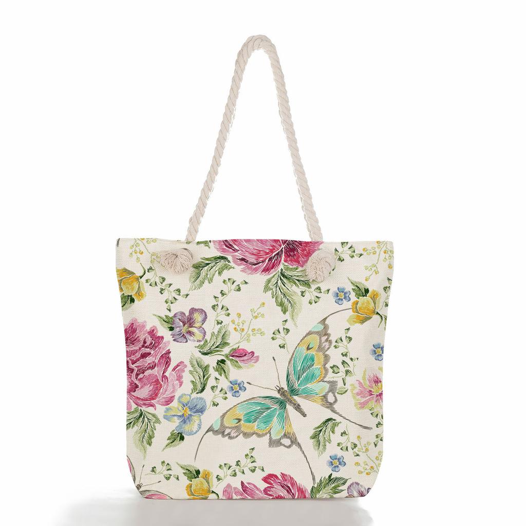 Multifunctional Flowers and butterflies Printed Thick Rope Shoulder Beach Bag Casual large capacity handbag 7615 KTB