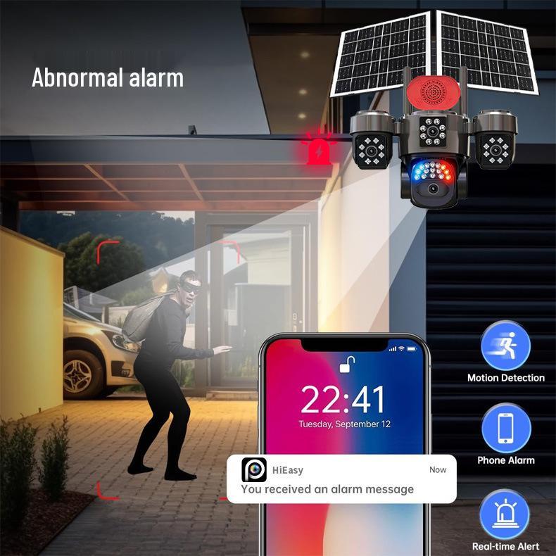 4G Solar-Powered HD Quad-Lens Outdoor Camera with Real-Time Voice Intercom and Full-Color Night Vision