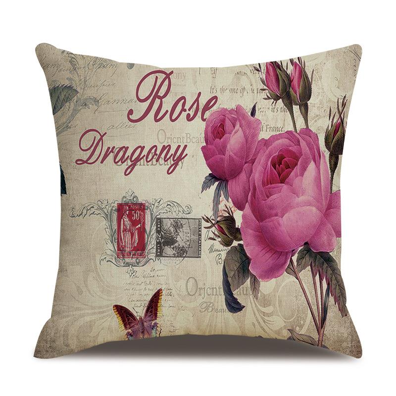 Linen Pillowcase American Rustic Rose Sofa Cushion Cover Retro Style Car Home Soft Decoration