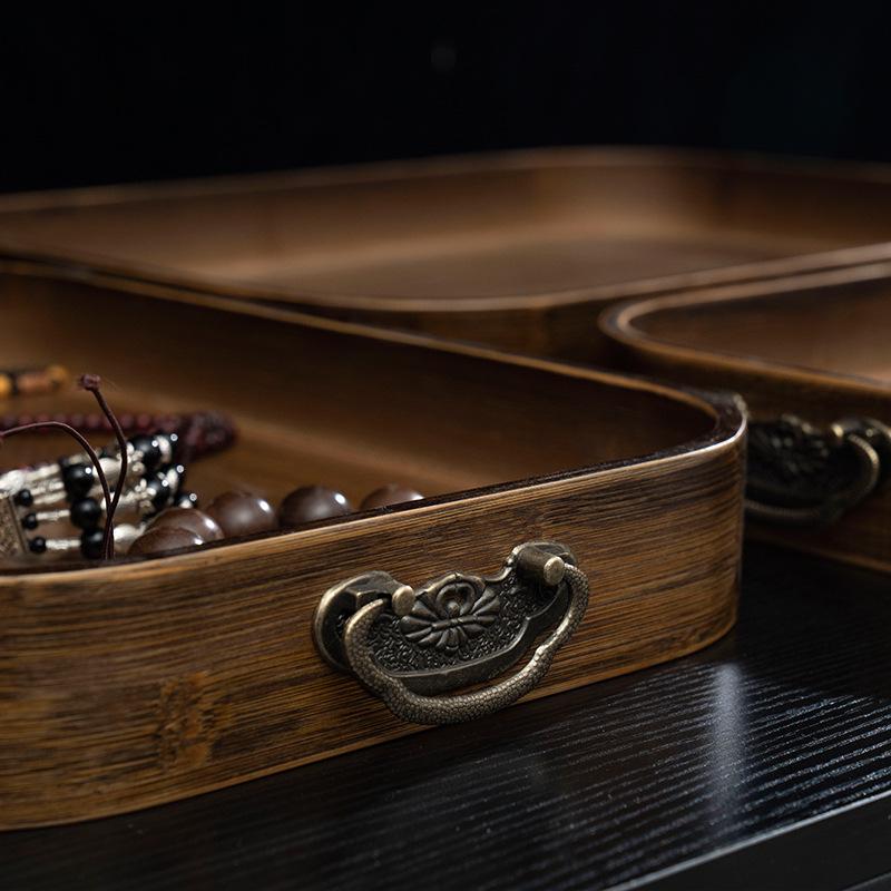 Tavă de ceai din bambus chinezesc retro, mâner metalic clasic, tavă din lemn, culoare nuc, tavă de depozitare, farfurie cu fructe, cină, geantă de depozitare