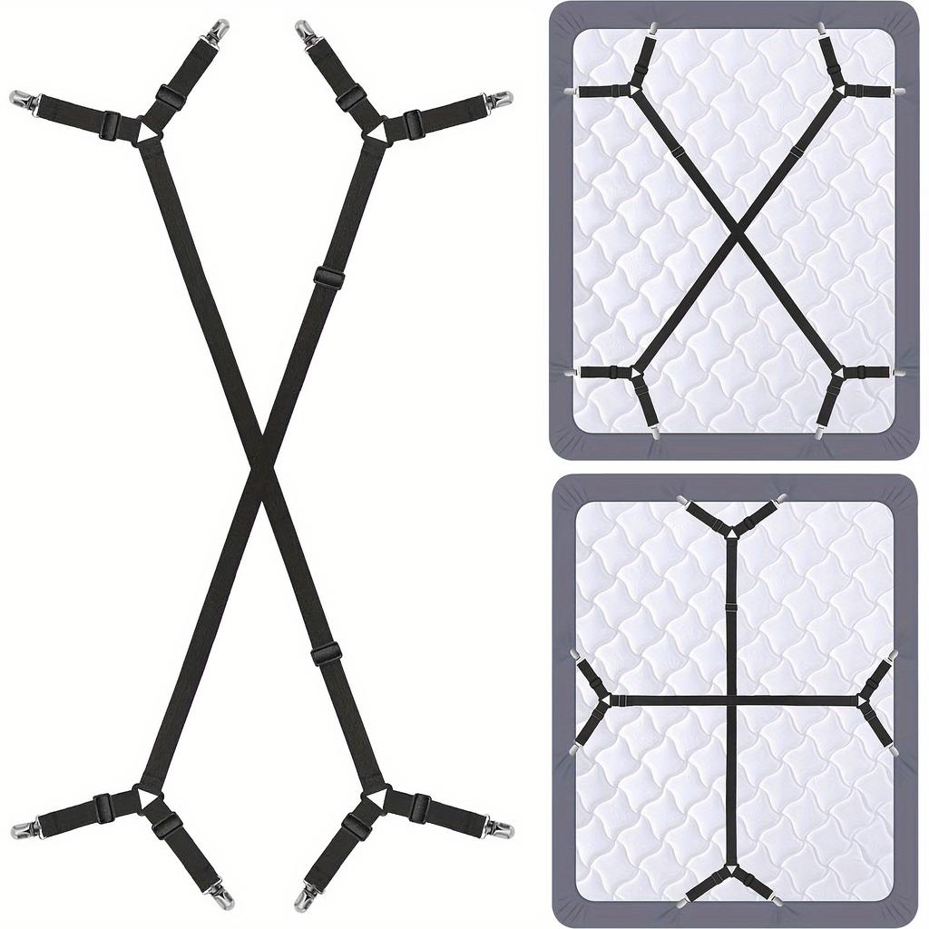 Sangle de support de drap réglable en 2 pièces - Support croisé pour toutes les tailles de matelas, attaches triangulaires élastiques, nylon noir, support de drap