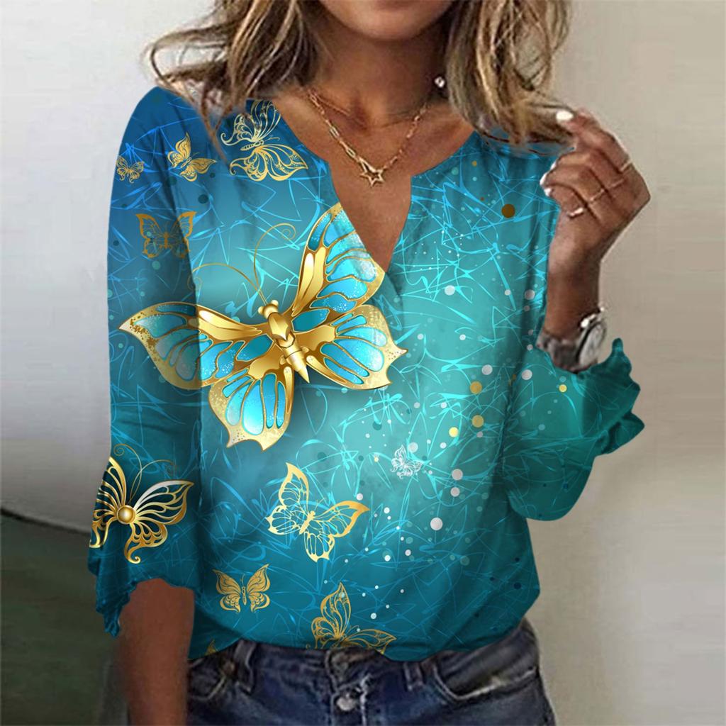 Women's Top Loose Casual V-neck Printed Blouses Bell 3/4 Sleeve T-shirt