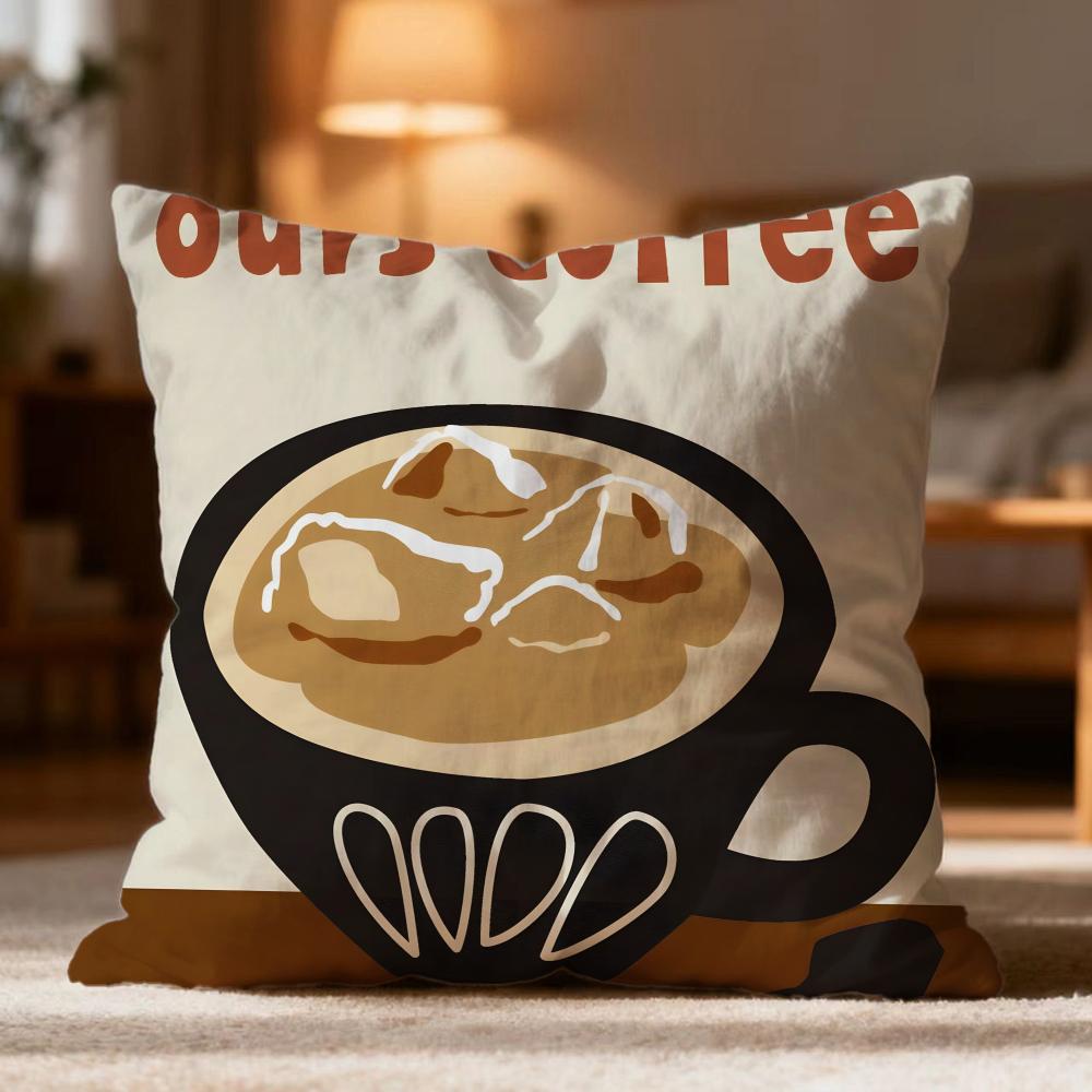 Fashion Coffee Illustration Cushion Cover Soft Washable Pillow Case Multi-Scene for Couch Bed Travel Office Use