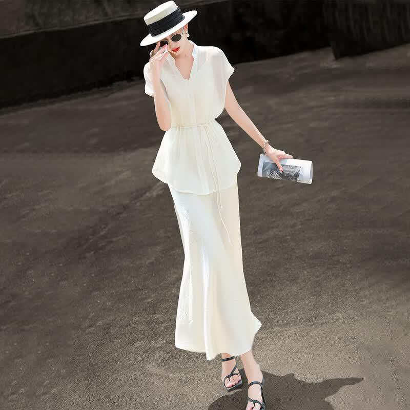 Elegant Fishtail Sling Dress with Short Sleeve Cardigan Two-piece Set 2XL