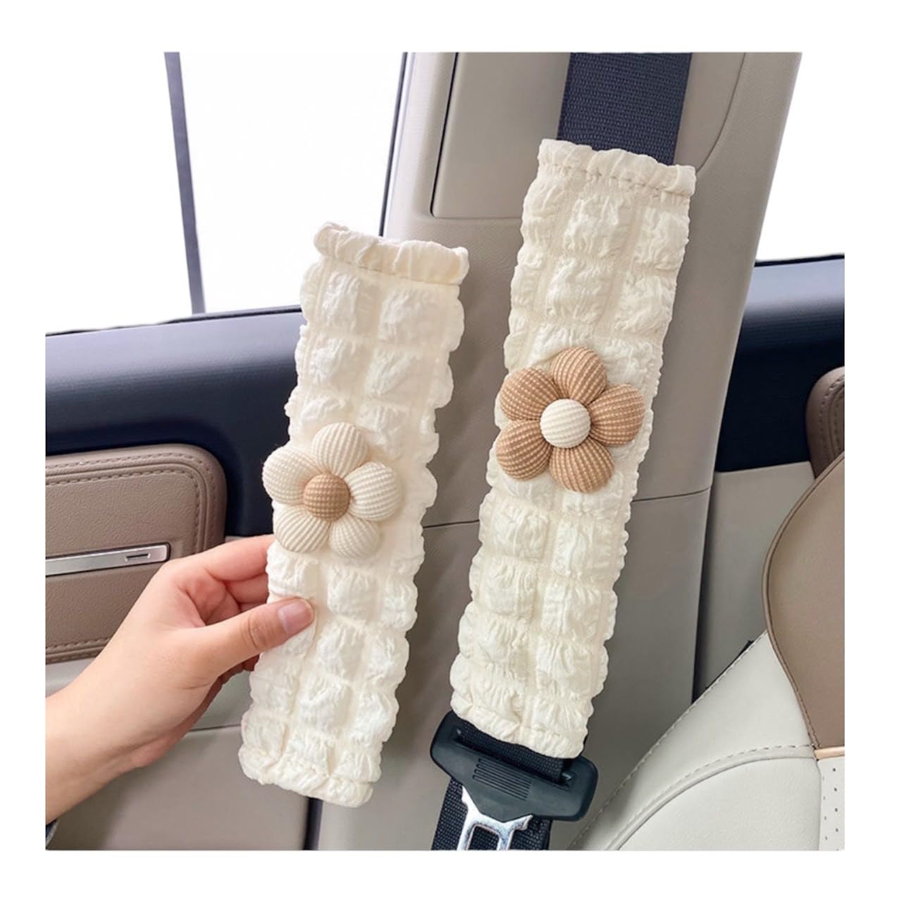 

Seatbelt Set of Flower for Car Shoulder Soft [SIxRIERU] Covers, 2, Kids Cushion, Design, Cute, Interior, Pad, Material, Brown/White