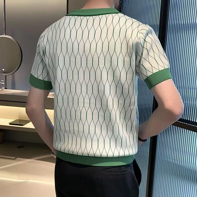 Men's Korean Slim Fit Contrast Ice Silk Polo Shirt - Short Sleeve, Cool, Handsome Lapel Design