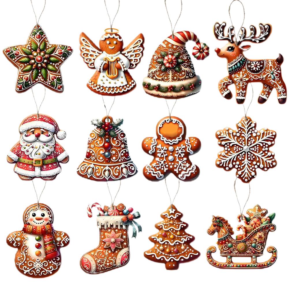 

12Pcs/Set Christmas Tree Gingerbread Ornaments Santa Elk Snowflake Bell Snowman Wooden Xmas Decor Cute Hanging Keychain Gift