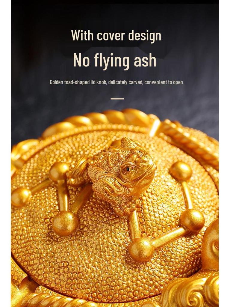 Golden Toad Resin Ashtray with Lid - Chinese Style Ornament for Home, Office, or Tea Table