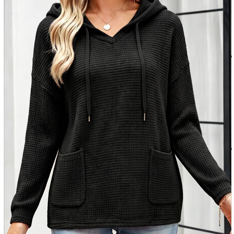 Polyester Blend Sweater With Hood And Pockets For Casual Women