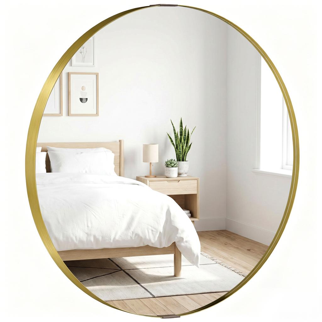 Round Wall Mirror 61 cm, Wall Mounted Bathroom Mirror with Tempered Safety Glass and Aluminium Alloy Frame, Gold Tone