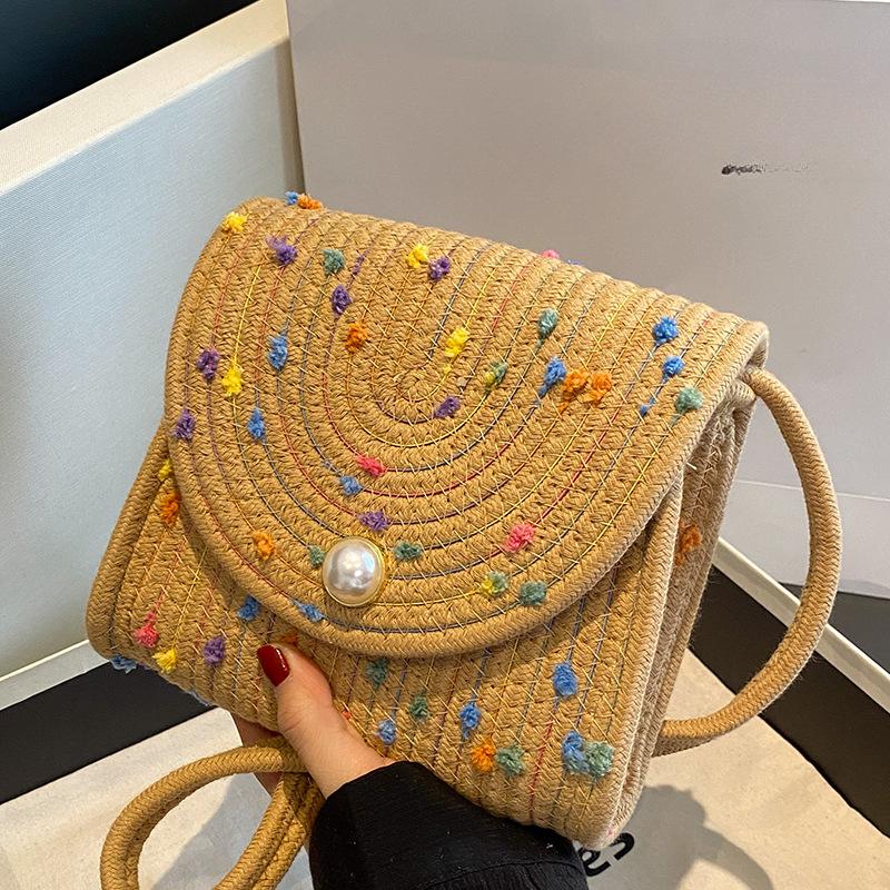 New Summer Straw Woven Small Square Bag Fashionable and Versatile Ins Style Crossbody Bag Woven Cotton Thread Handmade Beach Bag Women