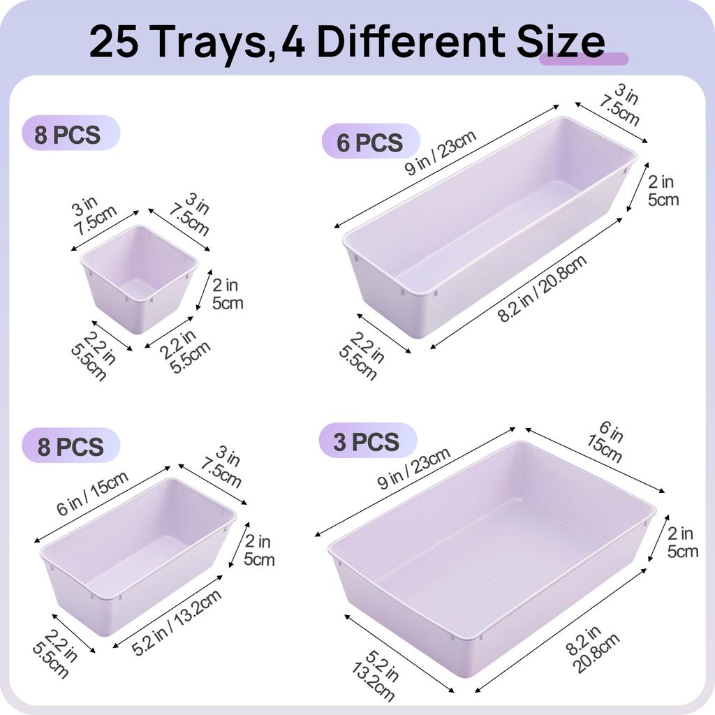 Colorful 25pcs Clear Plastic Drawer Organizer 4 Sizes Vanity Drawer Dividers Storage Separation Bins for Make Up Kitchen Utensils