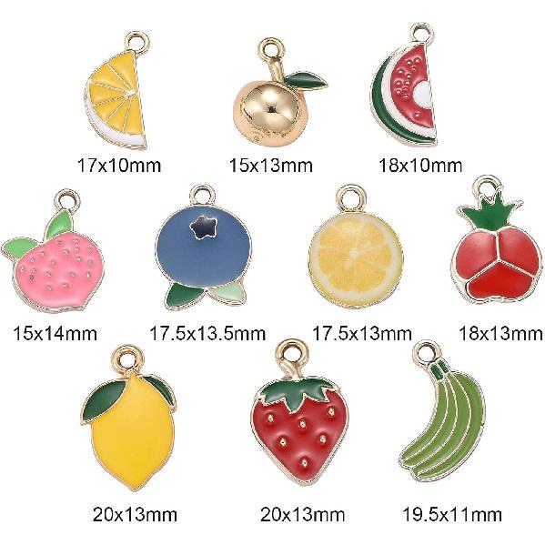 FASHEWELRY 40Pcs Alloy Fruit Theme Enamel Charms 10 Styles Cute Orange Peach Blueberry Strawberry Dangle Pendants Light Gold Plated for Jewelry