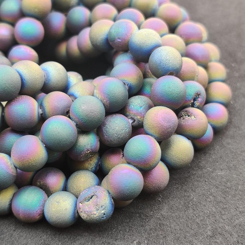 Natural Gemstone Druzy Agate Beads, Multi-Color Smooth Round, Matte Finish, 6mm 8mm 10mm Size Beads, Full Strand 14-15 Inch, Great for Jewelry Making