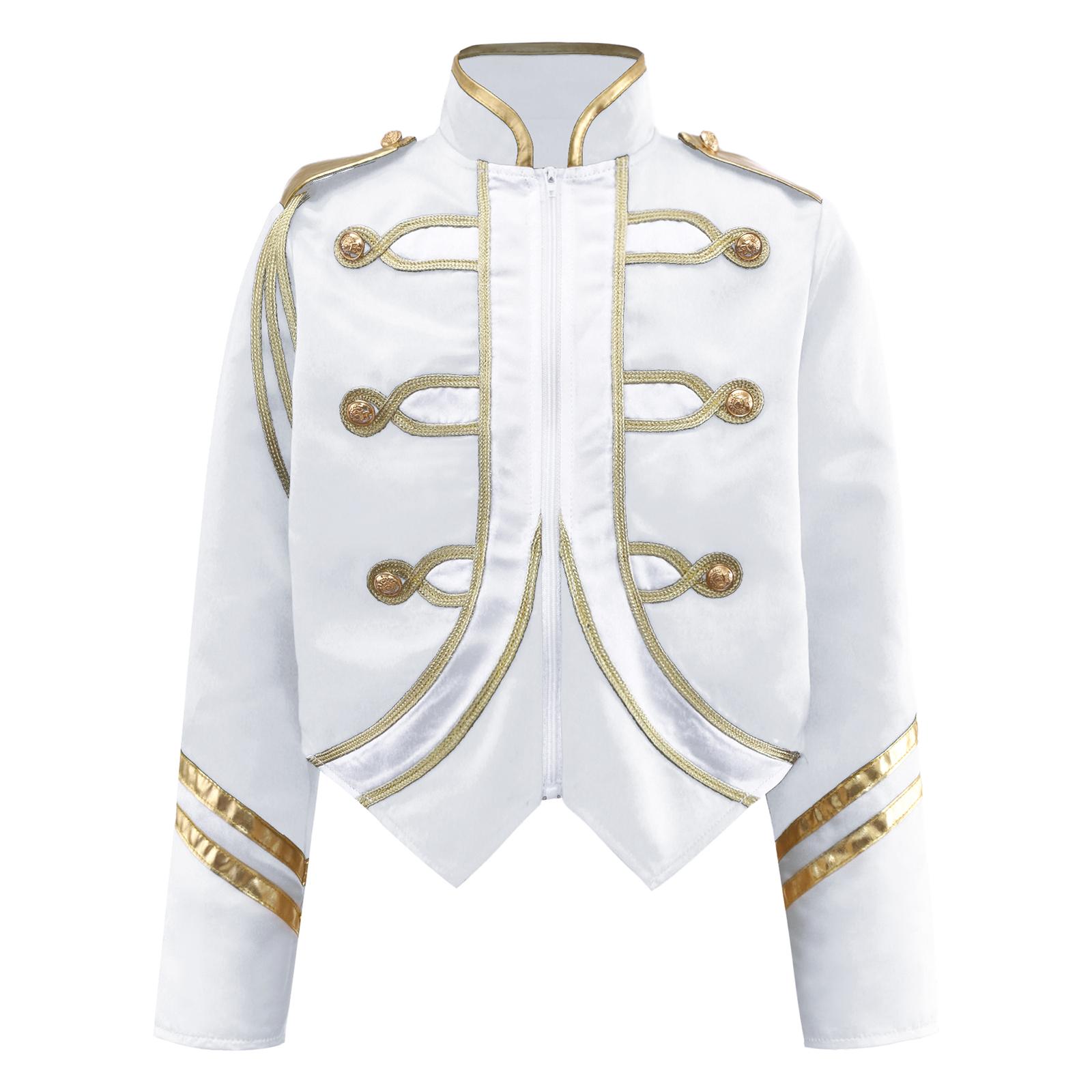 Jungen Trompeten Ehrengarde Team Uniform Marschkapelle Jacke Kontrastfarbe Langarm Reißverschluss Mantel 13-14 Years weiß