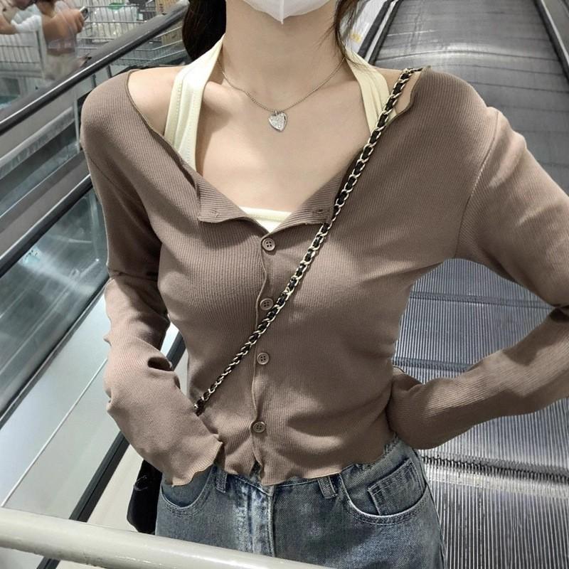 Womens 2-Piece Set Long Sleeve Slim Fit Cardigan Halter Tank Top Fall Casual Outfits