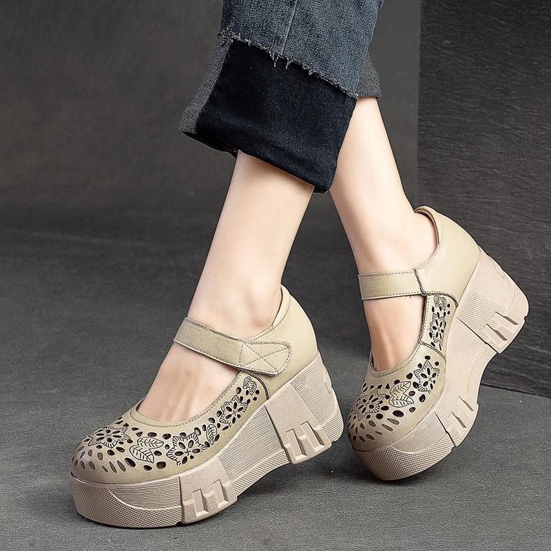 Johnature Zapatos de plataforma con punta redonda y suela gruesa para mujer, sandalias de cuña caladas cómodas Vintage de cuero genuino