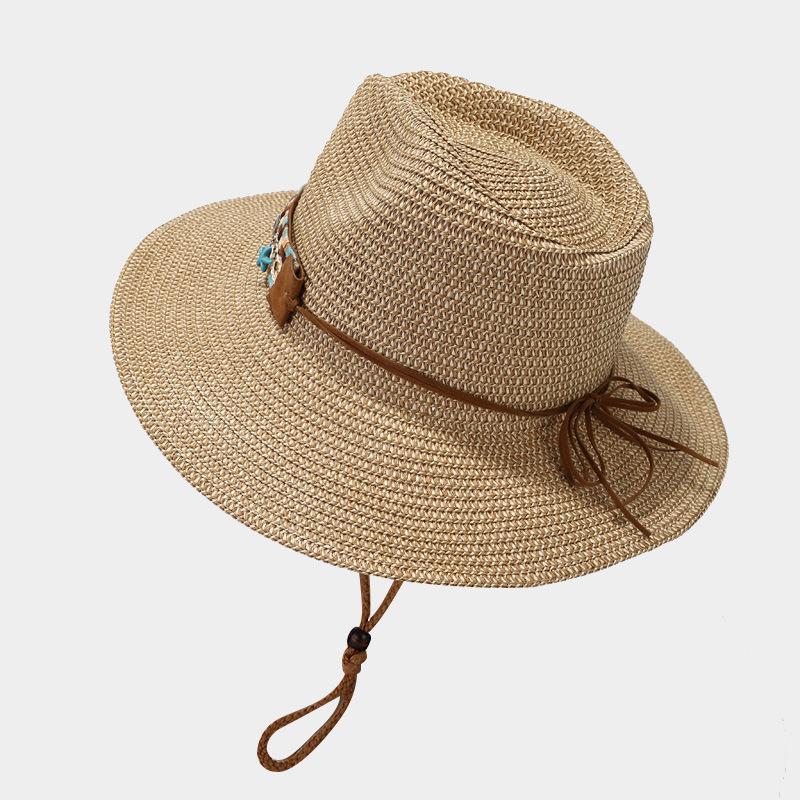 Boho-Chic Handcrafted Straw Cowboy Hat with Blue Accents - Breathable, Lightweight & Stylish for Women