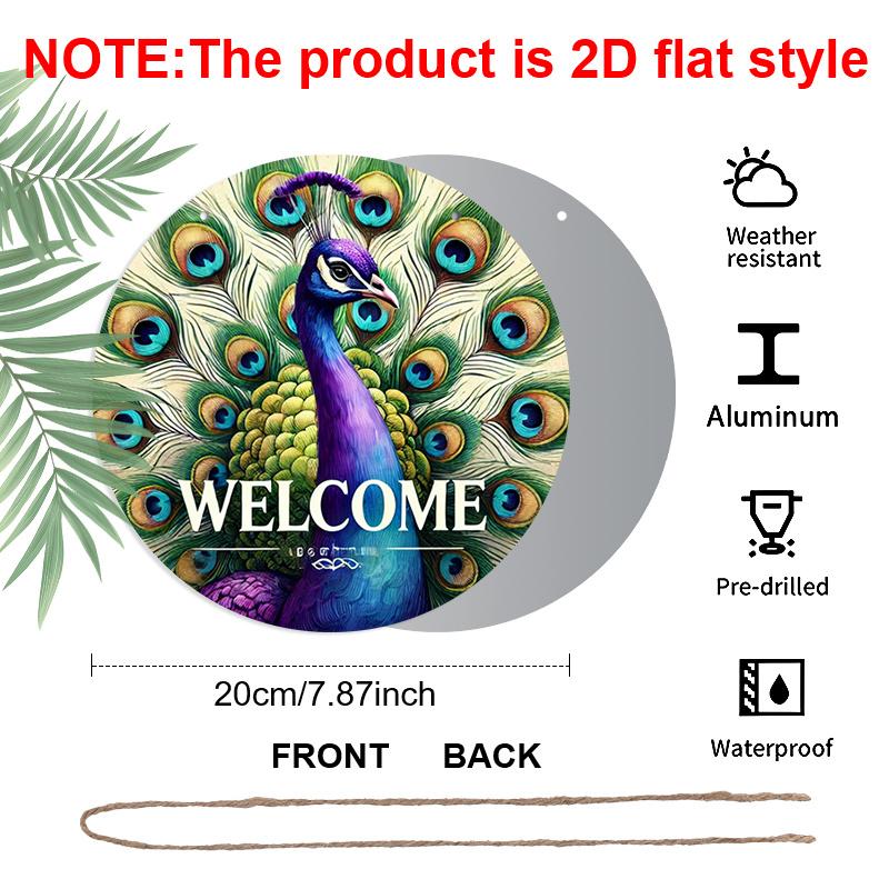 2D Flat Aluminum 7.87 Inch X 7.87 Inch Peacock Style Welcome Sign Wall Decor, Vintage Style, Suitable for Cafes, Living Rooms, Kitchens, Bars