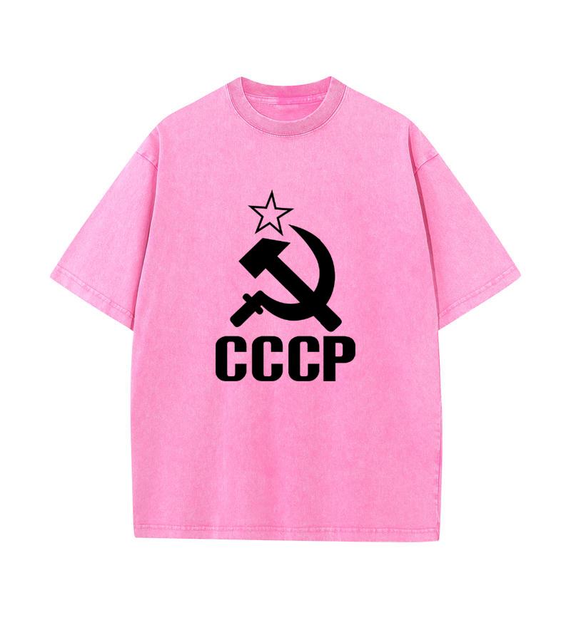 2025 Summer 100% Cotton Washed Old Craft Oversized T Shirt Big Size O-neck Oversized Men T Shirt CCCP Print