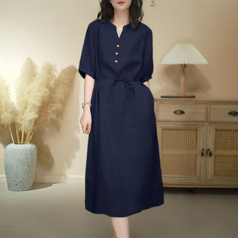 ZANZEA Women Casual Round Neck Solid Color Short Sleeve Dress