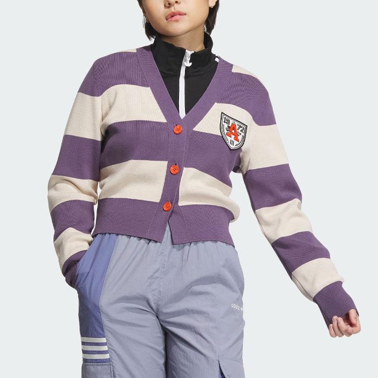 Adidas Originals Trefoil Striped Colorblock Single-Breasted Long-Sleeve Knit Cardigan Women Tops Dark-Grey Violet IN1068