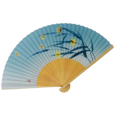 White Medium Emerald Bamboo and Firefly Men's Fan, Bamboo, Carving, Green, Scented, Design, 22.5cm