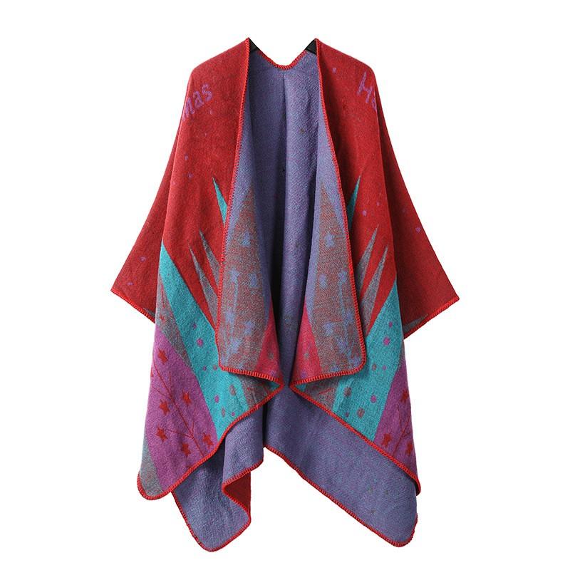 Womens Faux Cashmere Knit Cape Shawl With Slit Opening Ethnic Geometric Winter Wrap Scarf