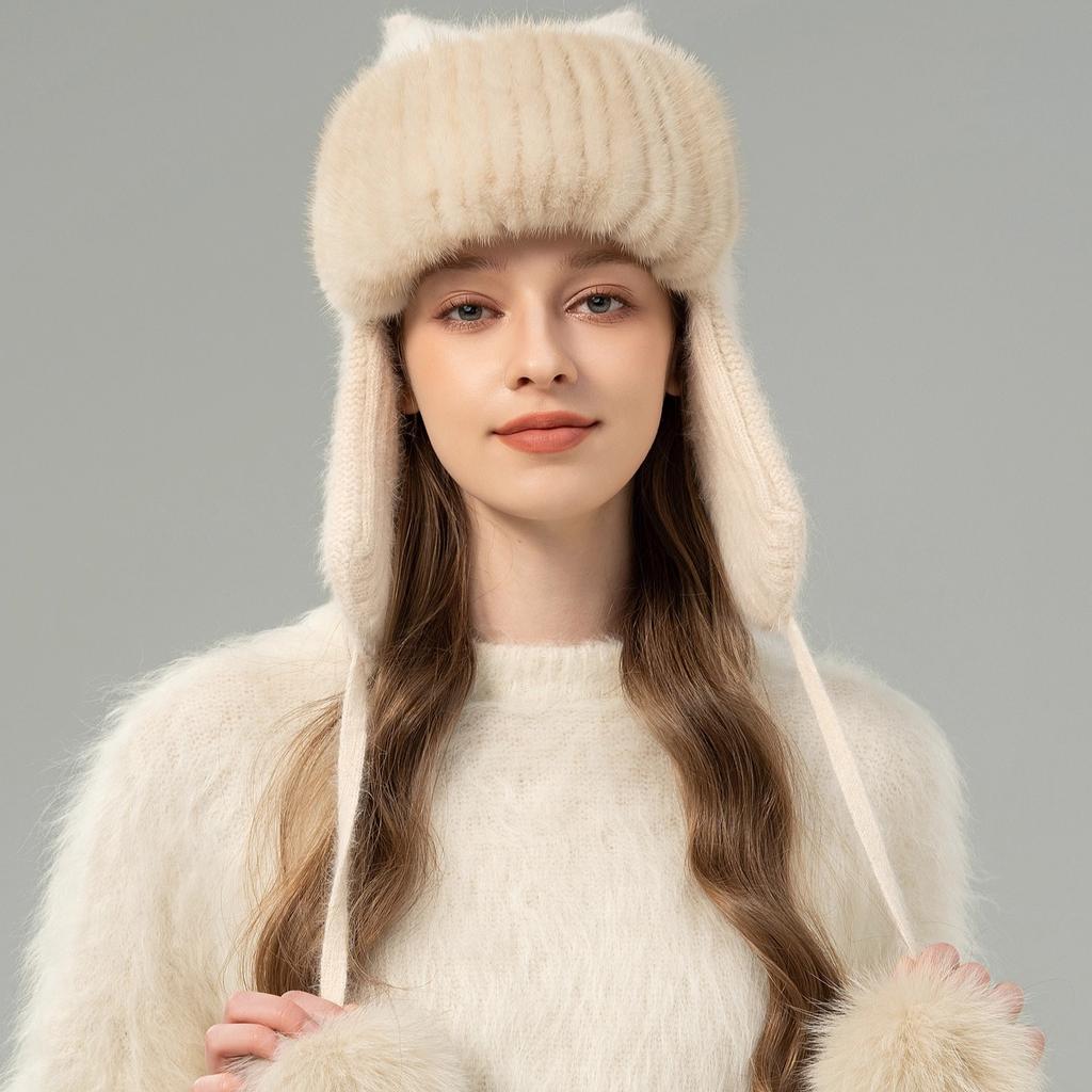 Winter New Mink Hair Lei Feng Hat Korean Version Cute Fox Hairball Casual Face Small Warm Ear Protection Fur Hat