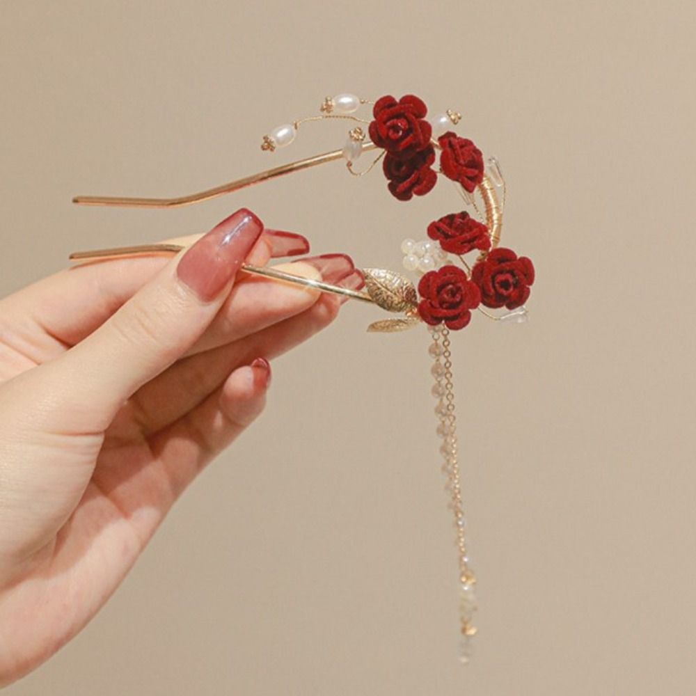 

Tassel Flower Hair Clip Headdress U-shape Hairpin Vintage Rose Hairstick Party золотий
