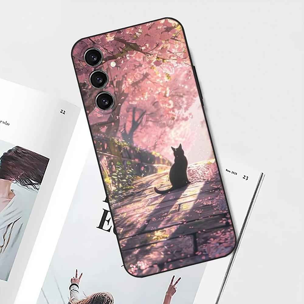 Pink Cherry Blossom Sakura Phone Case For Samsung S25,S24,S21,S22,S23,S30,Ultra,S20,Plus,Fe,Lite,Note,10 Black Soft Shell
