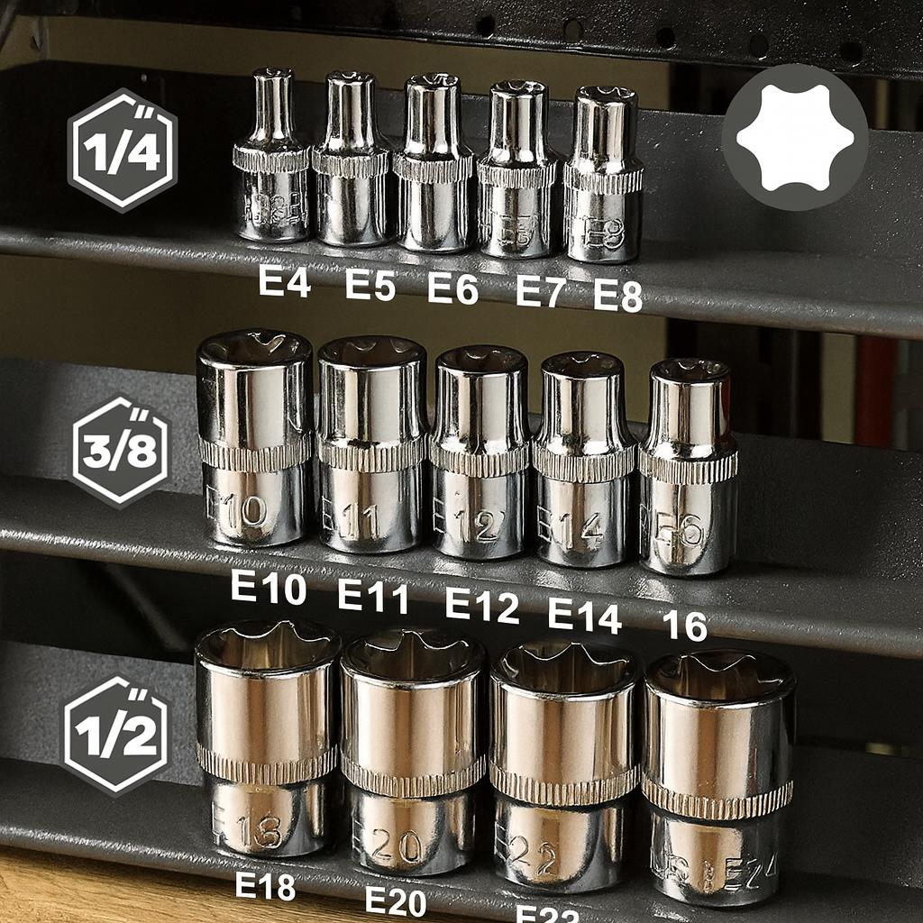 14PCS Female E Star Torx Socket Set, E4-E24 External Hex Sockets, for Auto Repair Mechanics, Durable Versatile Hand Tool Kit
