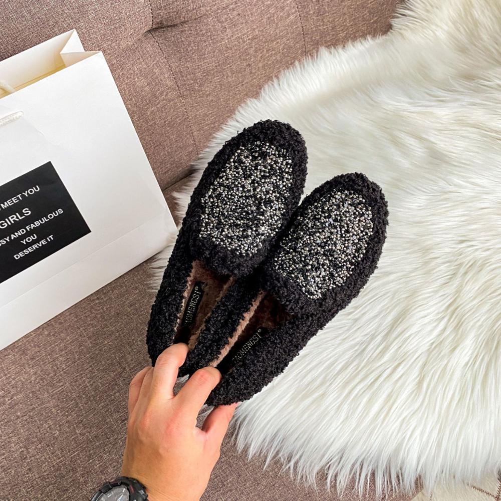

Мода 2024 года, женские туфли на плоской подошве из овечьей шерсти с блестками, мокасины из овечьей шерсти, мохнатые мокасины из флиса, плюшевые зимние туфли для женщин, большой размер 34-43 6.5 чёрный