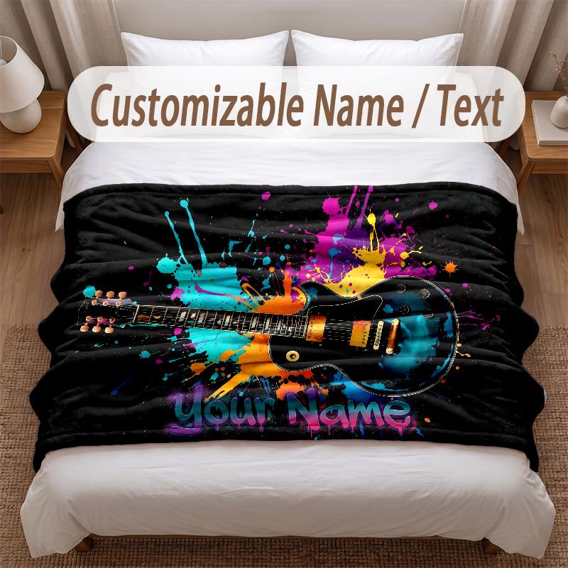 Music Guitar Theme Soft Blanket Personalized Custom Name Text Print Warm Blanket Home Sofa Bedroom Decor