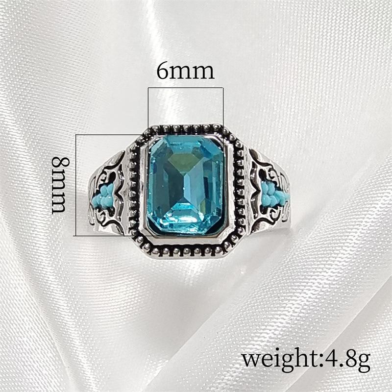 Accessories Geometric Square Aquamarine Zircon Ring For Women Vintage Textured Punk Hip Hop Ring For Men